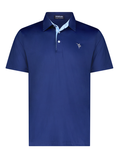 Coastline polo navy by White Water Life, navy polo with light blue check collar and chest logo on Tampa Home & Garden Store
