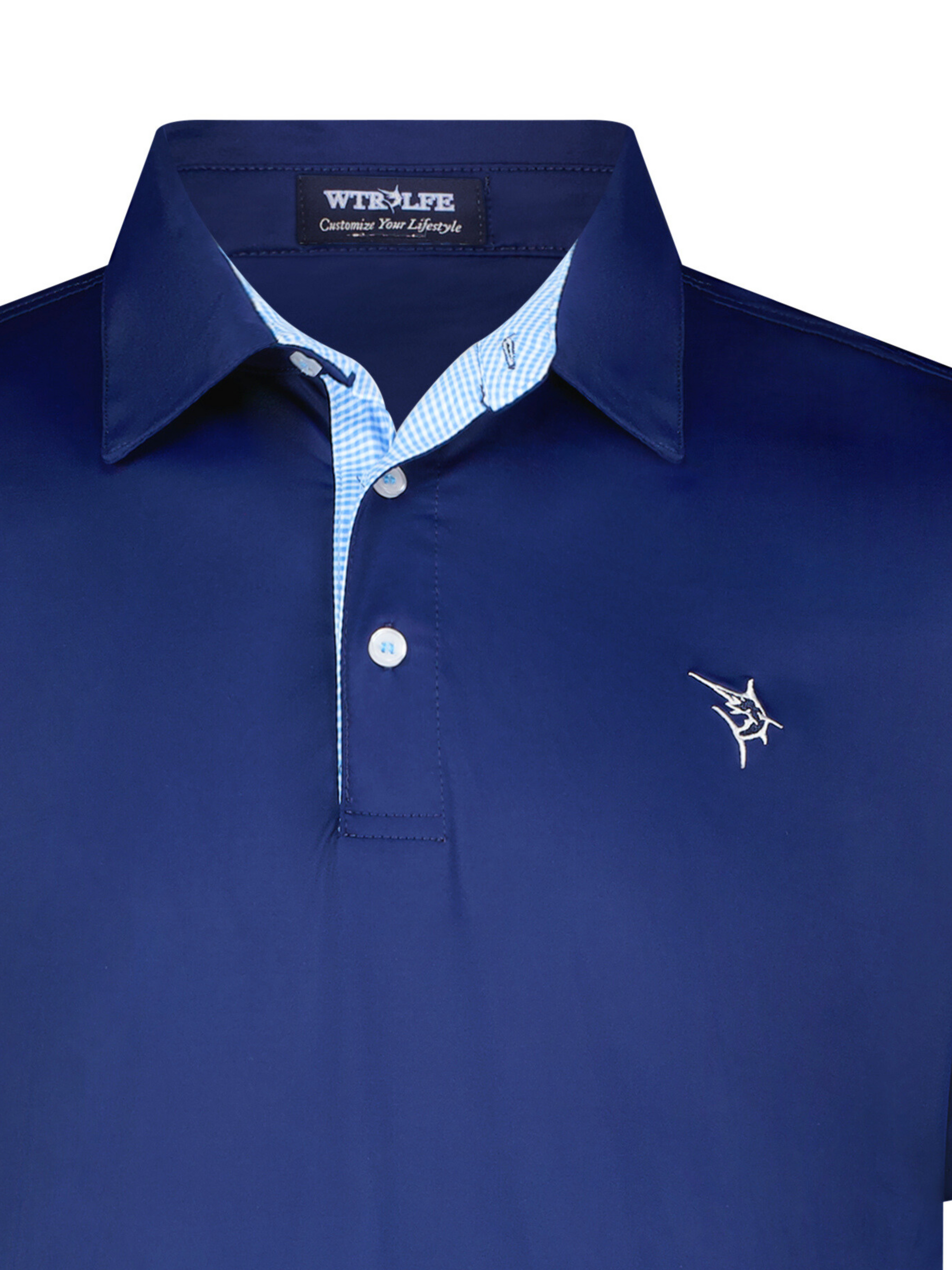 Coastline navy polo shirt by White Water Life with light blue gingham inner placket on Tampa Home & Garden Store