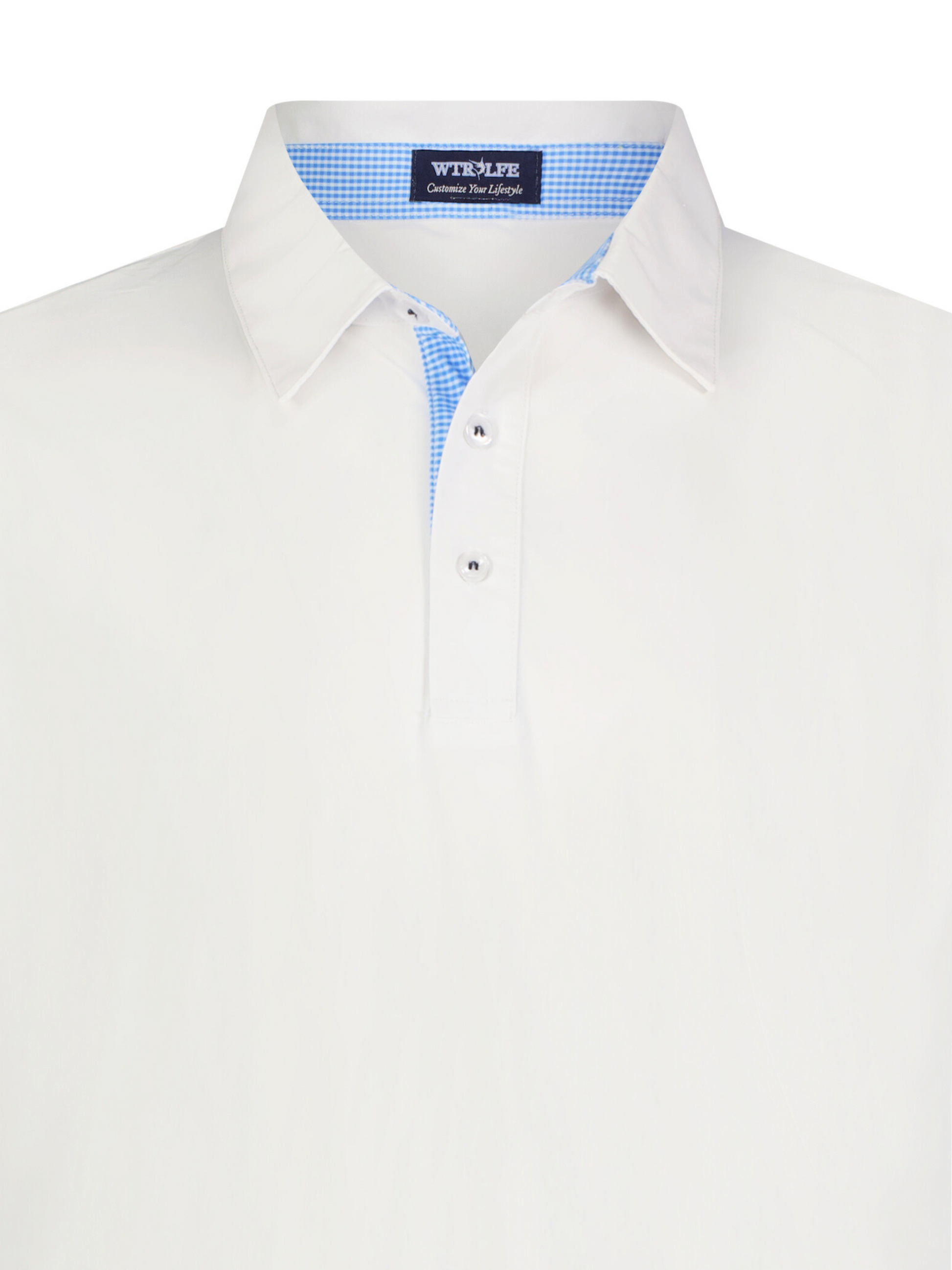 Coastline Polo white polo with blue gingham inner collar and button placket White Water Life on Tampa Home & Garden Store