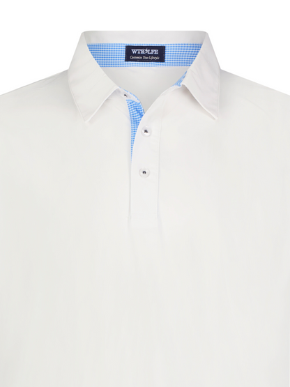 Coastline Polo white polo with blue gingham inner collar and button placket White Water Life on Tampa Home & Garden Store