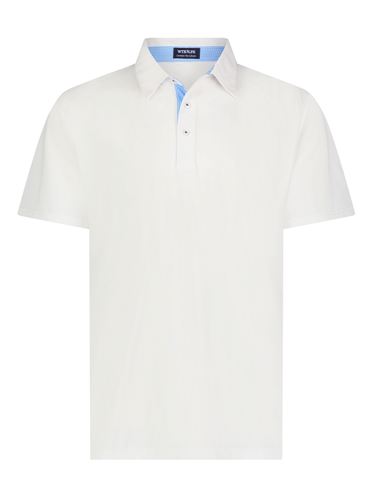 Coastline Polo white short-sleeve polo by White Water Life with blue gingham inner collar on Tampa Home & Garden Store