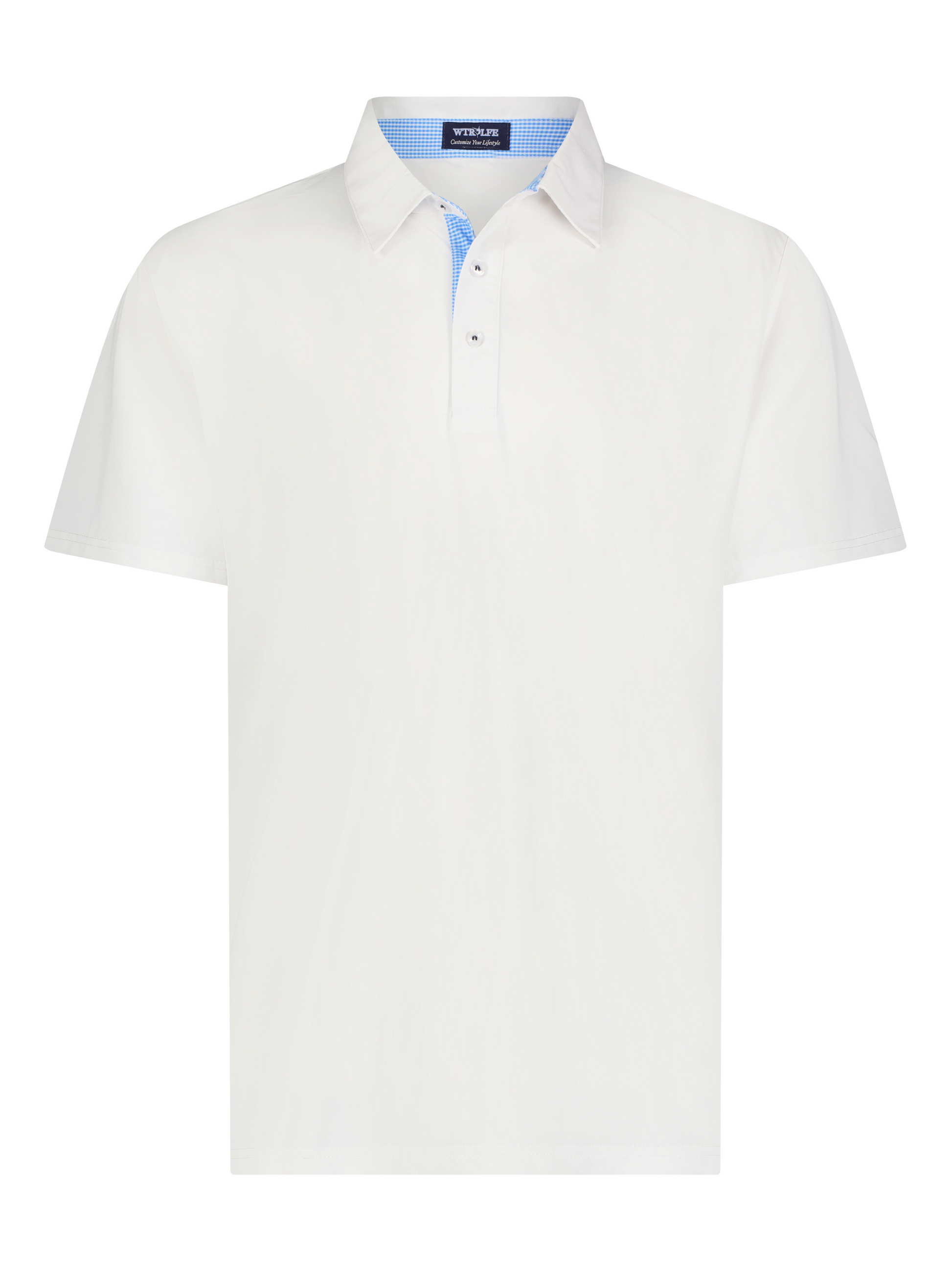 Coastline Polo white short-sleeve polo by White Water Life with blue gingham inner collar on Tampa Home & Garden Store
