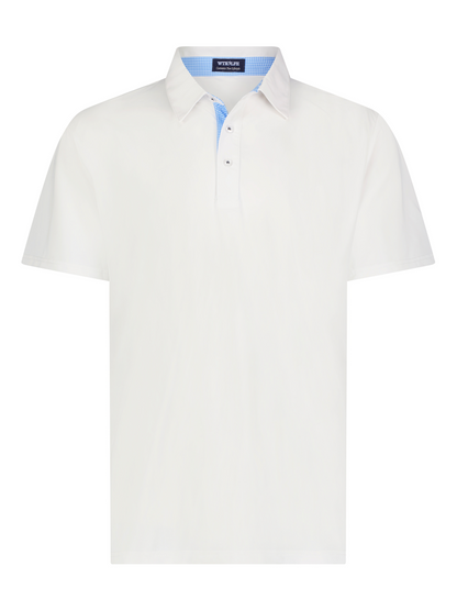 Coastline Polo white short-sleeve polo by White Water Life with blue gingham inner collar on Tampa Home & Garden Store