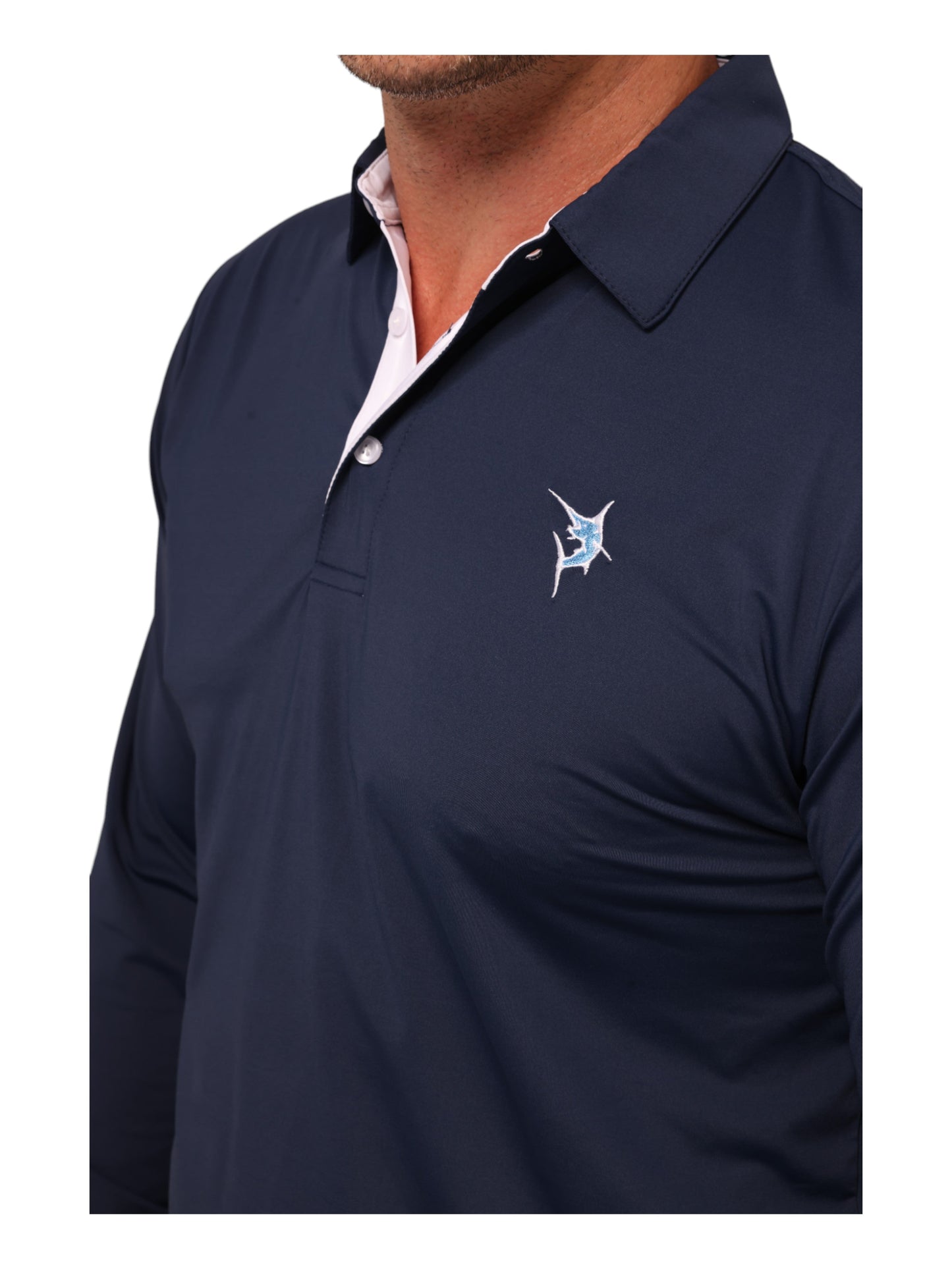 Coast Long Sleeve Polo navy polo with white placket and White Water Life logo embroidery on Tampa Home & Garden Store