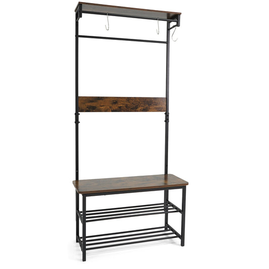 Coat Rack 4-In-1 Hall Tree with Shoe Bench and Removable Hooks-Coffee
