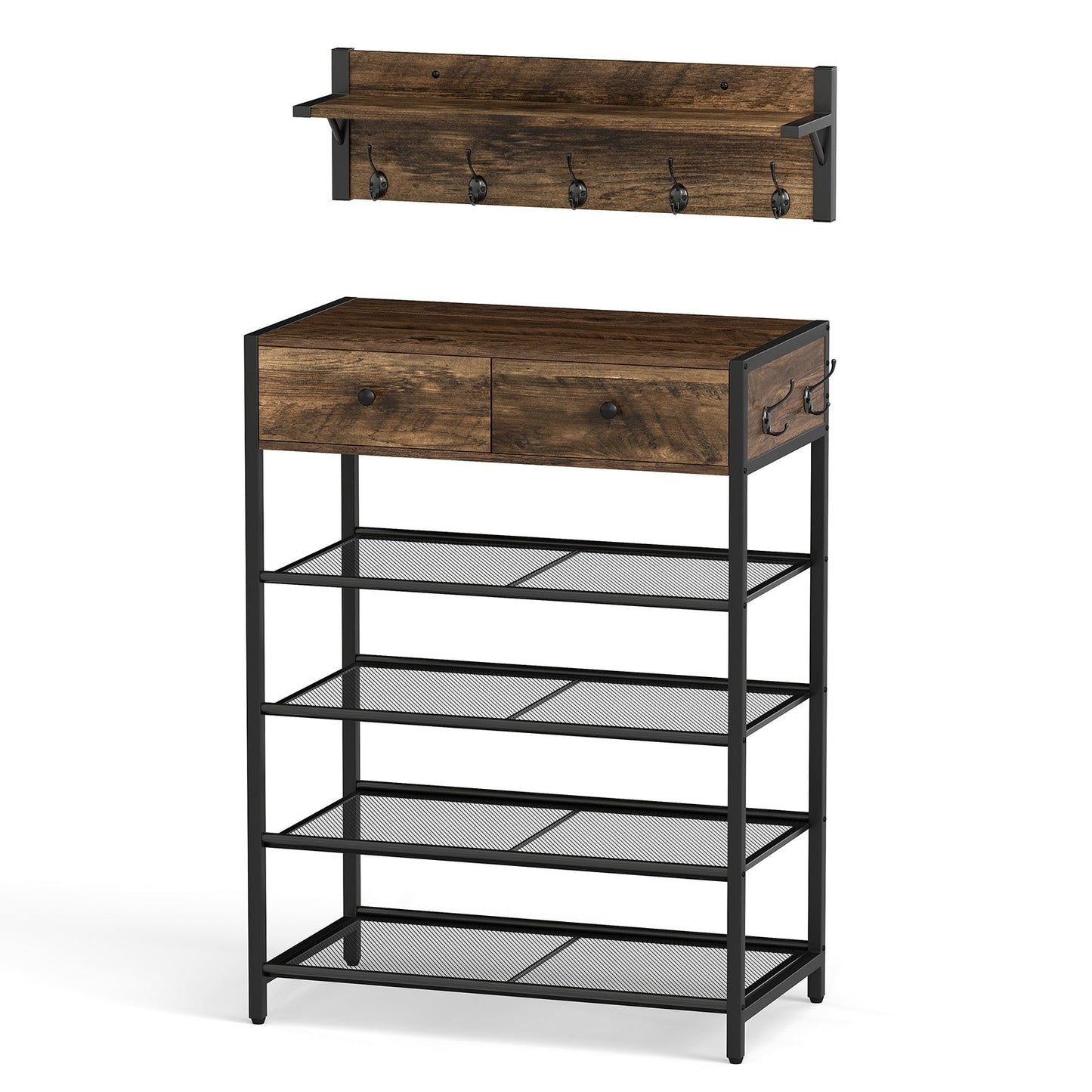Coat Rack Shoe Stand Set 5-Tier Shoe Rack with Wall-Mounted Coat Hanger-Brown