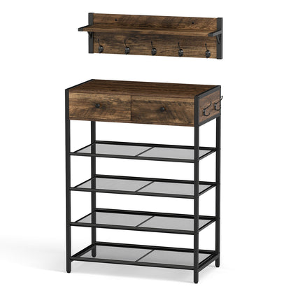 Coat Rack Shoe Stand Set 5-Tier Shoe Rack with Wall-Mounted Coat Hanger-Brown