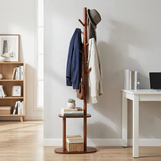 Coat rack in walnut rubber wood with 8 hooks and 2 shelves, shown with coats and hat on Tampa Home & Garden Store