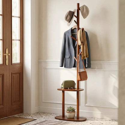 Coat Rack with Hooks and Shelves in Walnut Wood