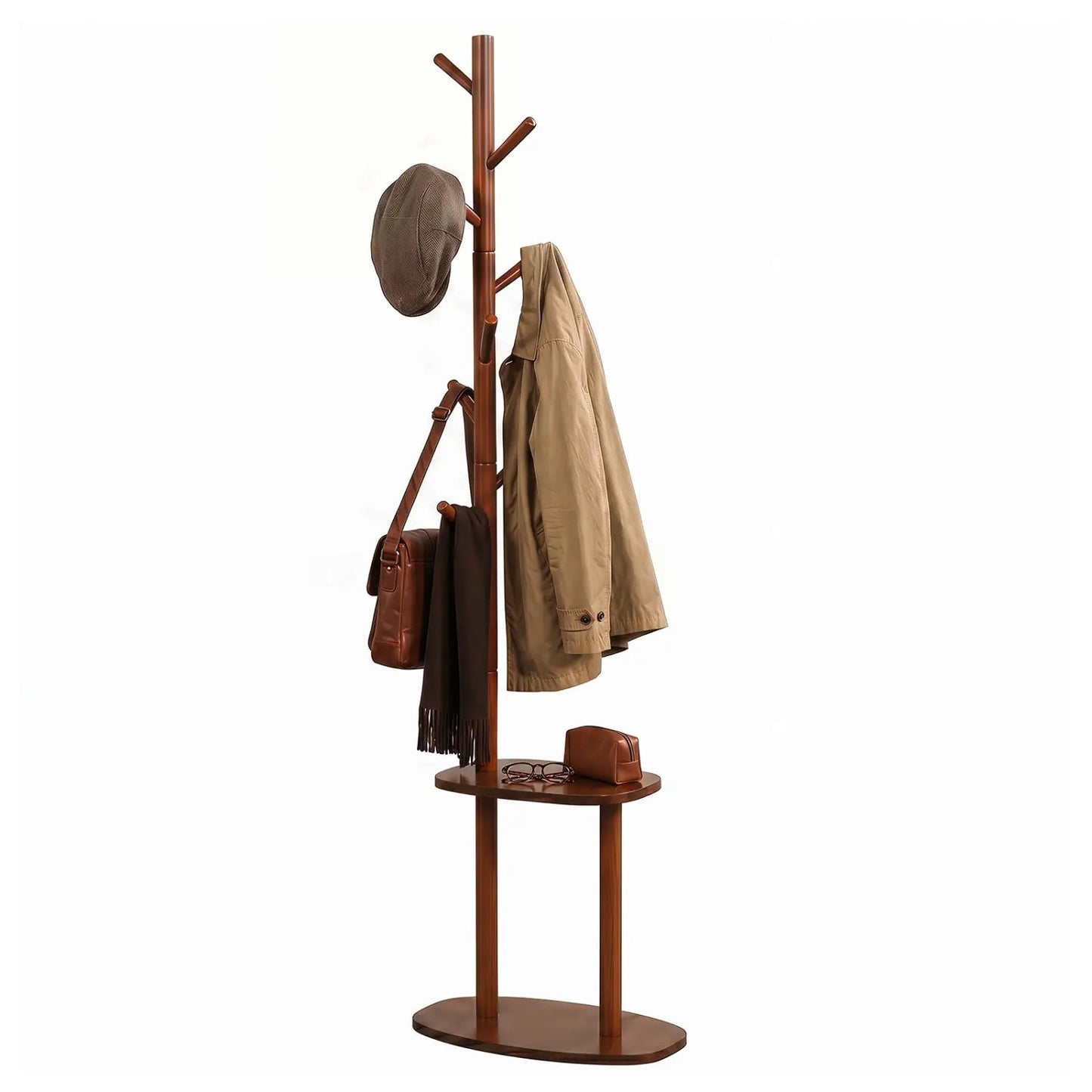 Coat Rack with Hooks and Shelves in Walnut Wood