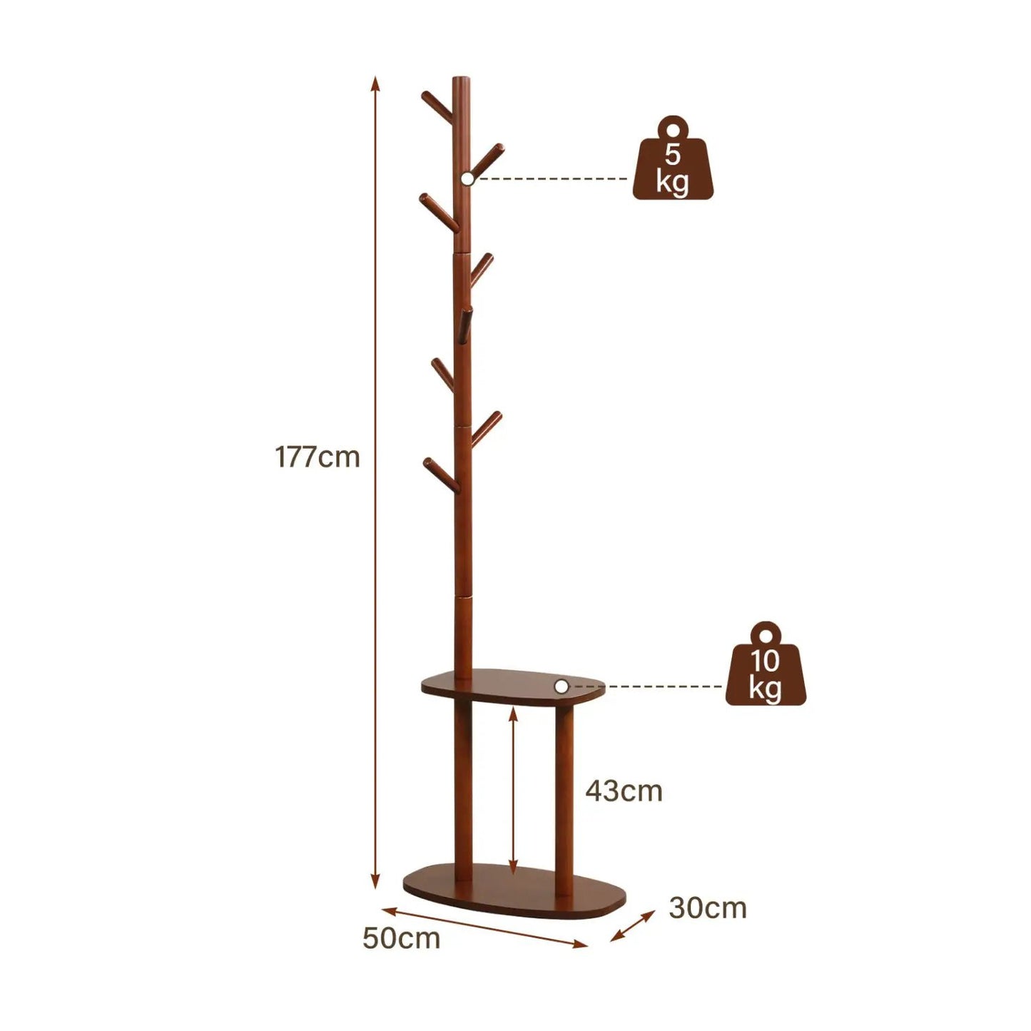 Coat Rack with Hooks and Shelves in Walnut Wood