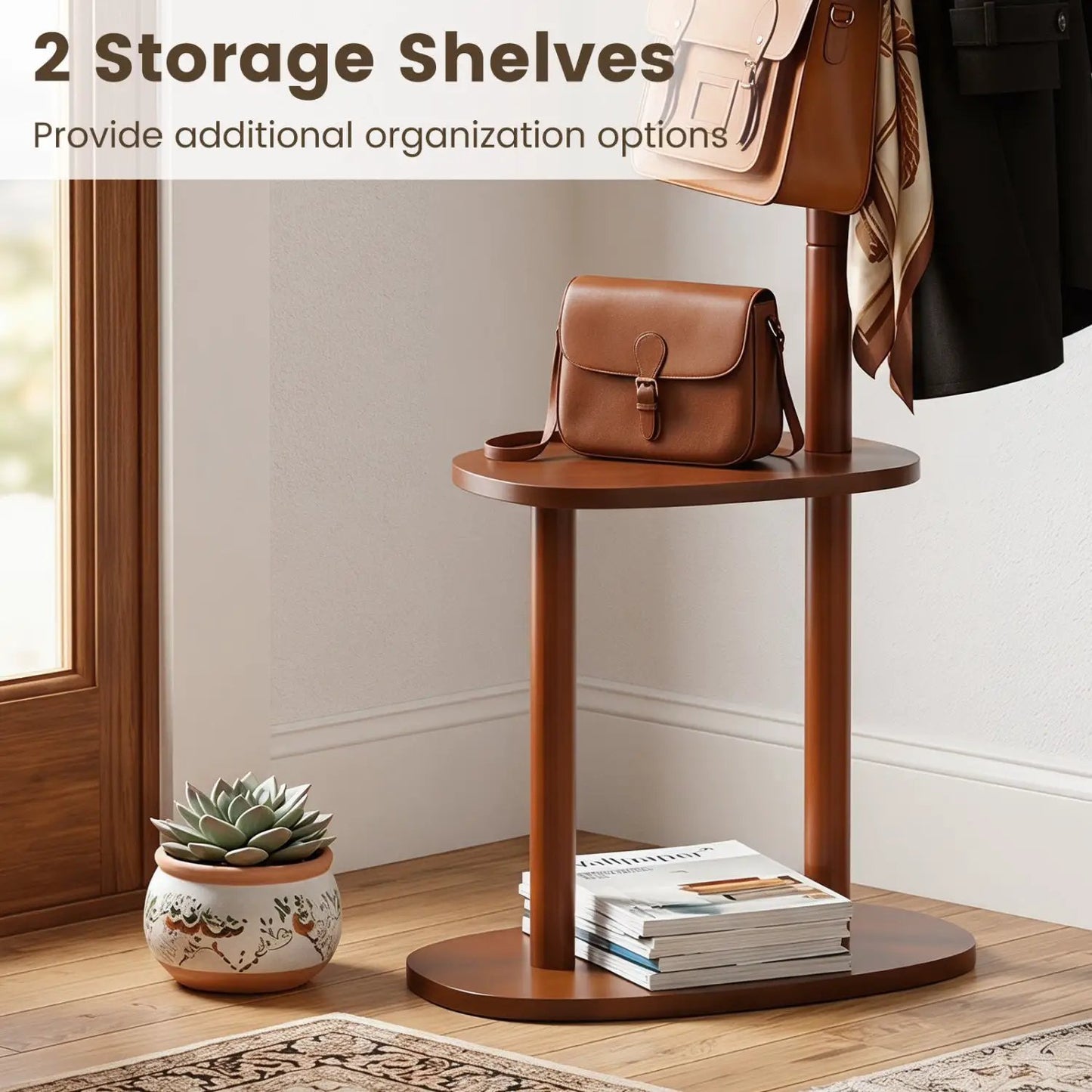 Coat Rack with Hooks and Shelves in Walnut Wood