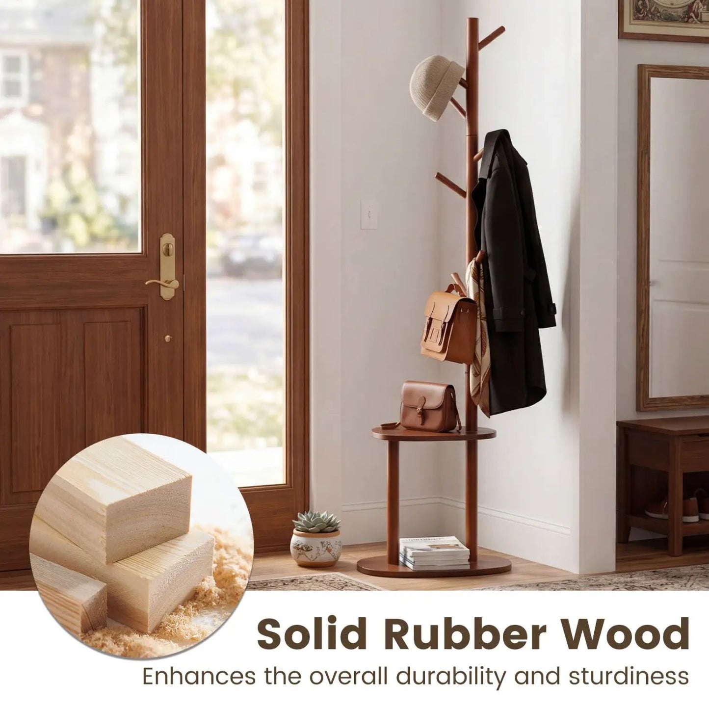 Coat Rack with Hooks and Shelves in Walnut Wood