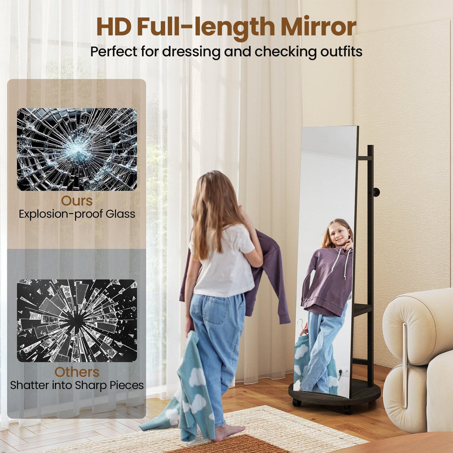 Coat Rack with Full Length Mirror Freestanding Coat Tree with 3 Hooks