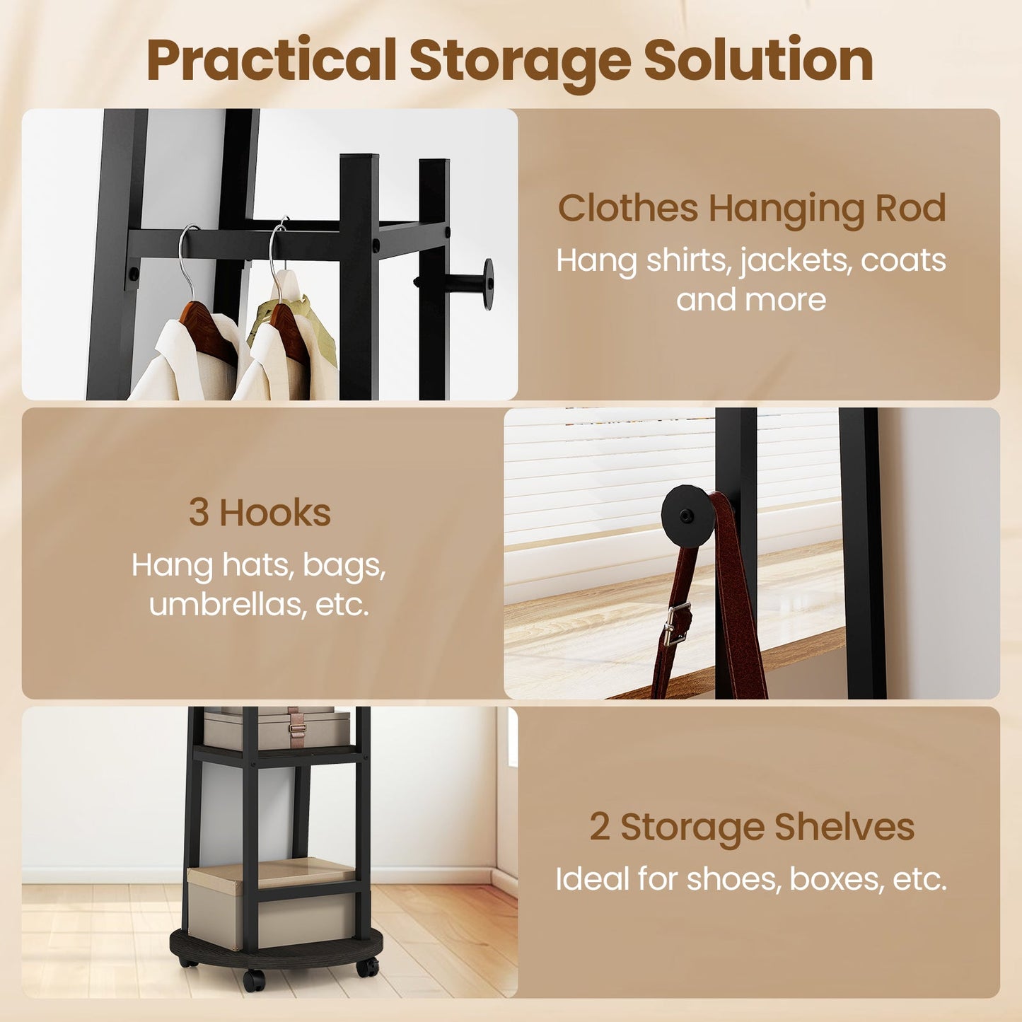 Coat Rack with Full Length Mirror Freestanding Coat Tree with 3 Hooks