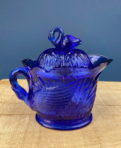 Cobalt Blue Creamer with Swan-Shaped Handle and Lid. Glass Creamer with Embossed Reed and Swans. Collectible Glass. Gift Idea. - Tampa Home & Garden Store