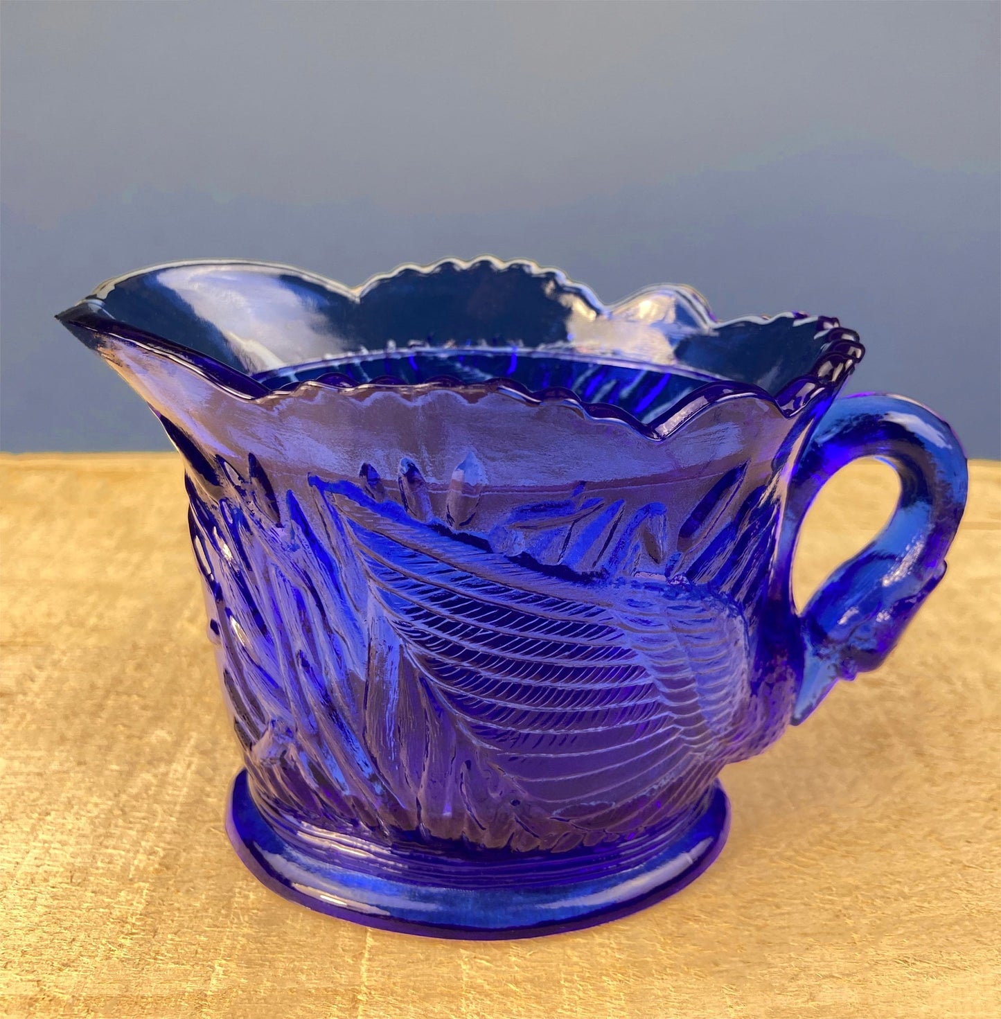 Cobalt Blue Creamer with Swan-Shaped Handle and Lid. Glass Creamer with Embossed Reed and Swans. Collectible Glass. Gift Idea. - Tampa Home & Garden Store