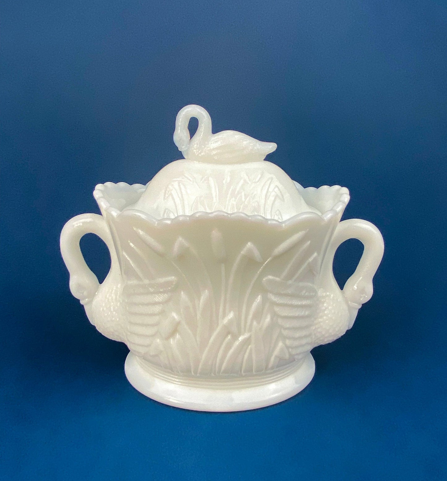Cobalt Blue Creamer with Swan-Shaped Handle and Lid. Glass Creamer with Embossed Reed and Swans. Collectible Glass. Gift Idea. - Tampa Home & Garden Store