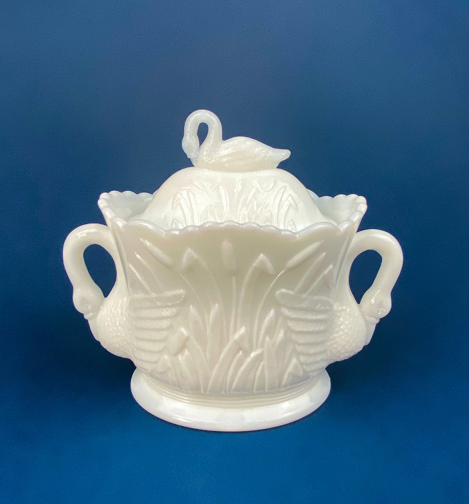Cobalt Blue Creamer with Swan-Shaped Handle and Lid. Glass Creamer with Embossed Reed and Swans. Collectible Glass. Gift Idea. - Tampa Home & Garden Store