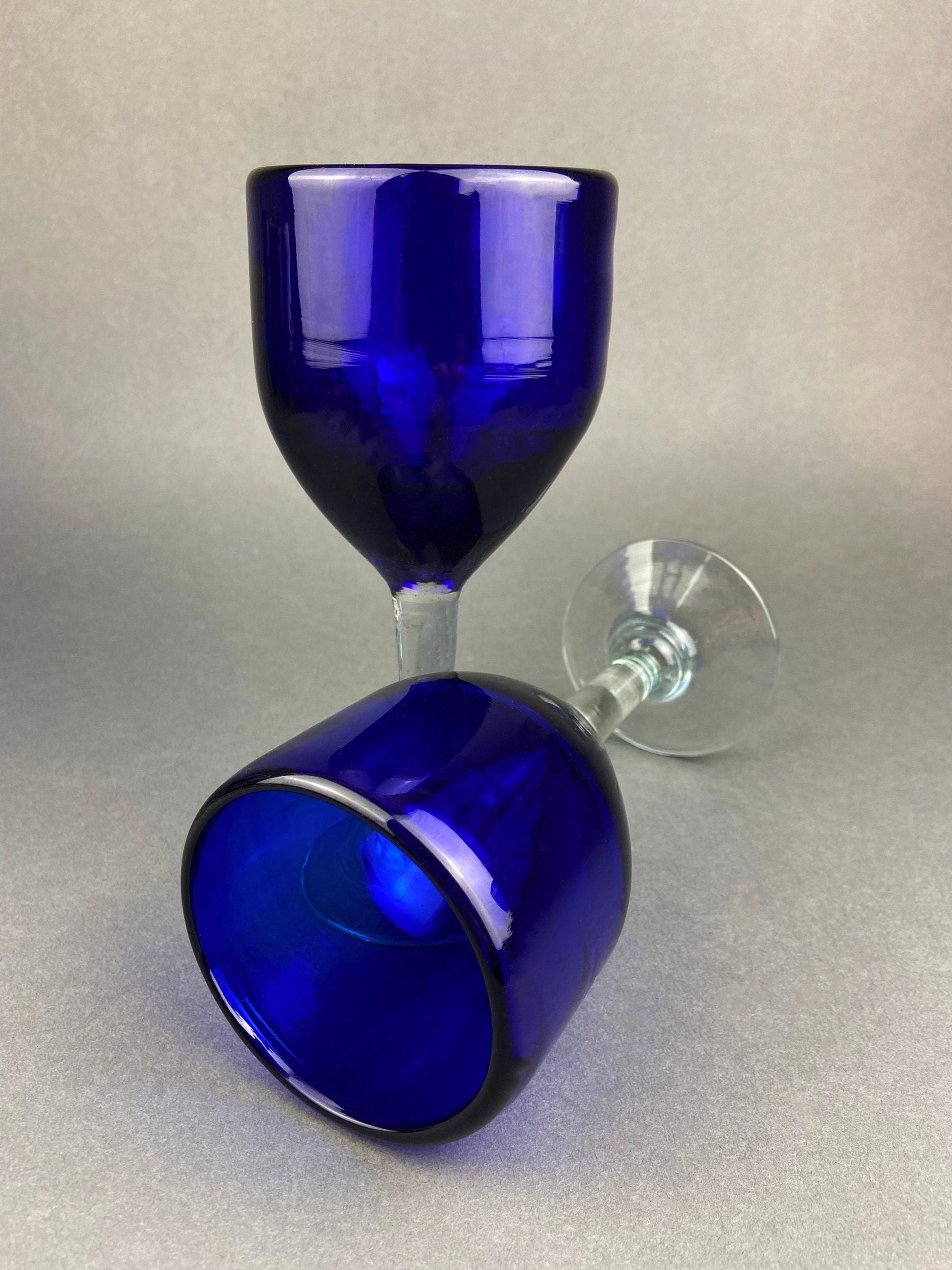 Cobalt Blue Hand Blown Stemware.  Set of Six Heavy Spanish/Mexican Style Stemed Glasses. Primitive Drinkware. Stylish Barware. - Tampa Home & Garden Store