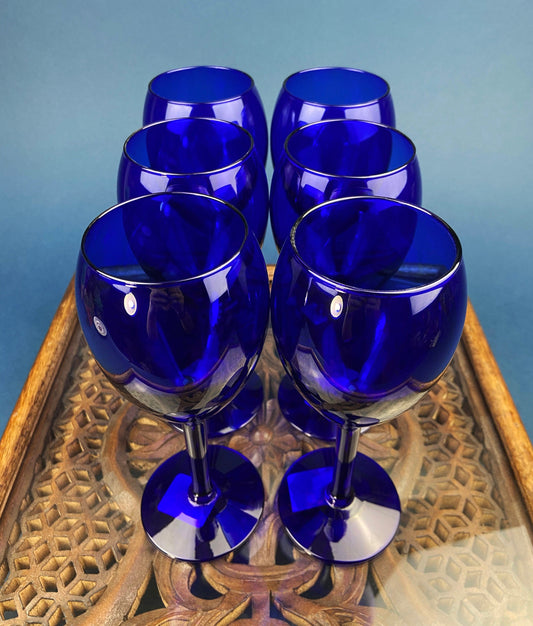 Cobalt Blue Wine Glasses.  Set of Six Stemware. Dark Blue Modern Glasses. Holiday Celebration. - Tampa Home & Garden Store
