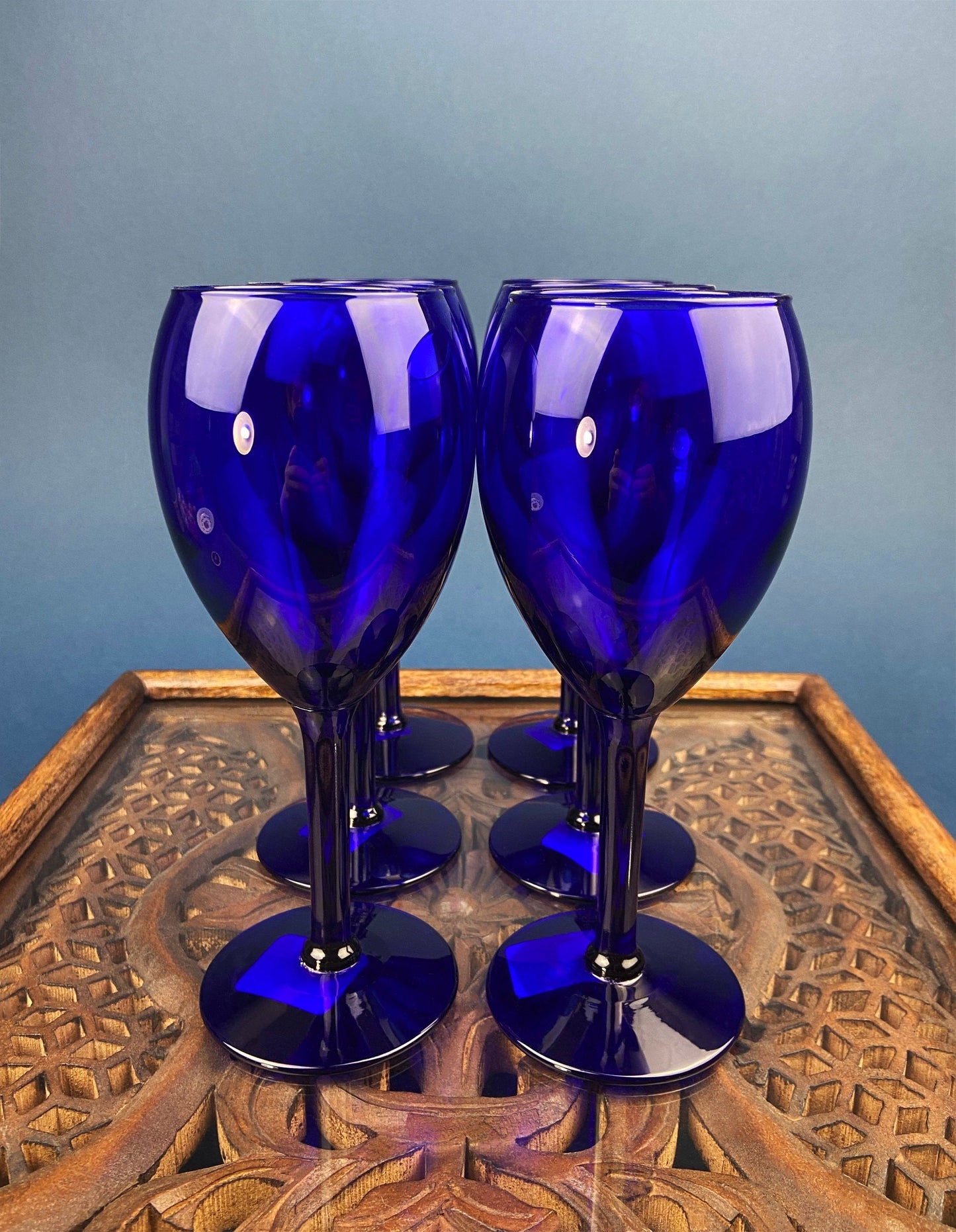 Cobalt Blue Wine Glasses.  Set of Six Stemware. Dark Blue Modern Glasses. Holiday Celebration. - Tampa Home & Garden Store