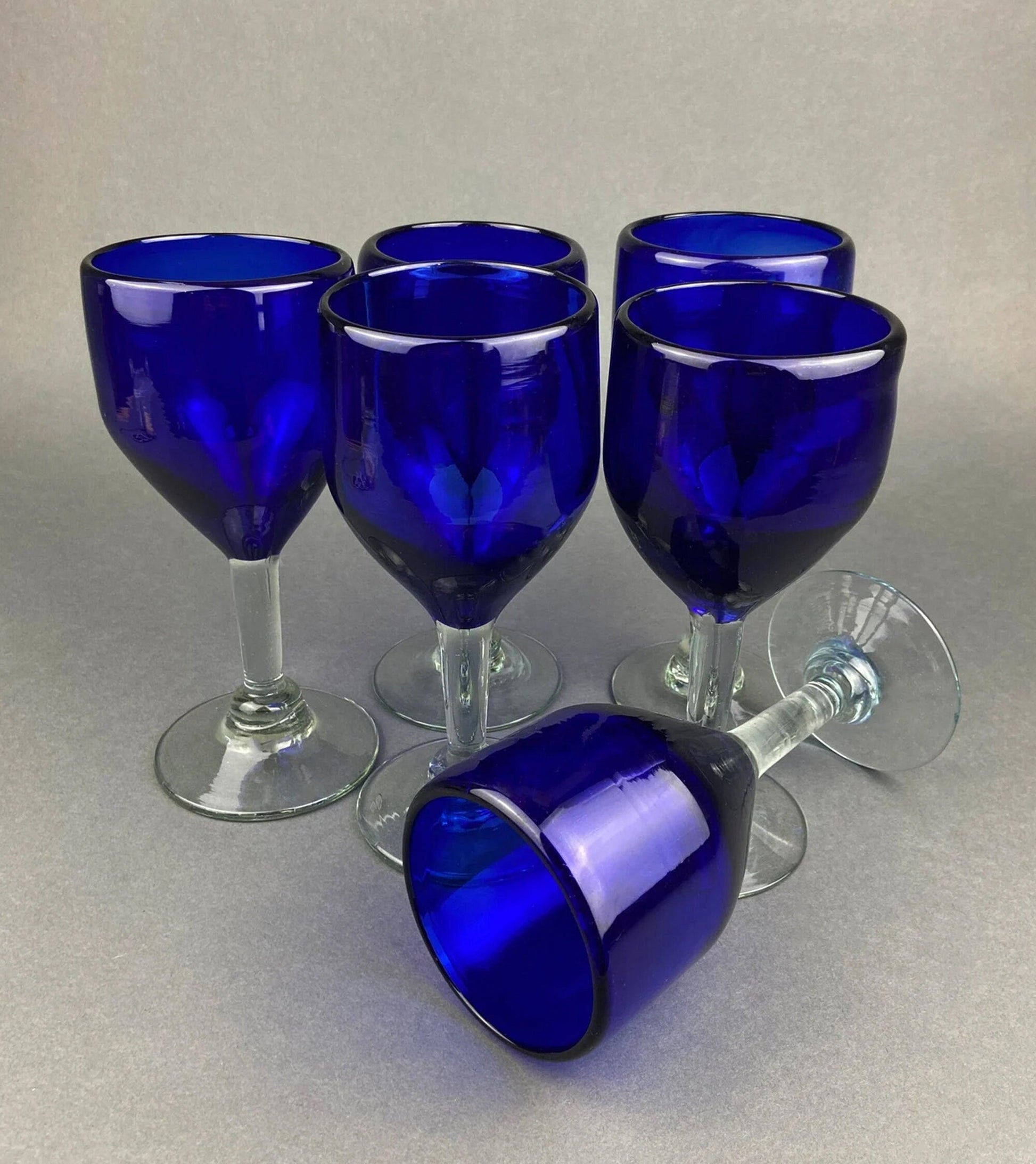Cobalt Blue Wine Glasses.  Set of Six Stemware. Dark Blue Modern Glasses. Holiday Celebration. - Tampa Home & Garden Store