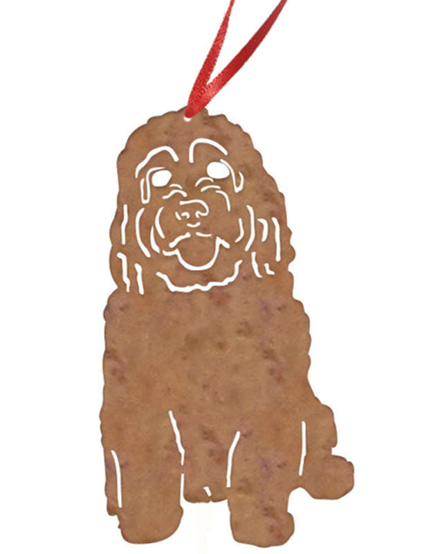 Cockapoo plant stake by Rustica Ornamentals, brown silhouette with white cutouts, red ribbon on Tampa Home & Garden Store