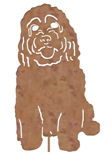 Cockapoo plant stake silhouette in brown rust color with white cutout detailing on Tampa Home & Garden Store