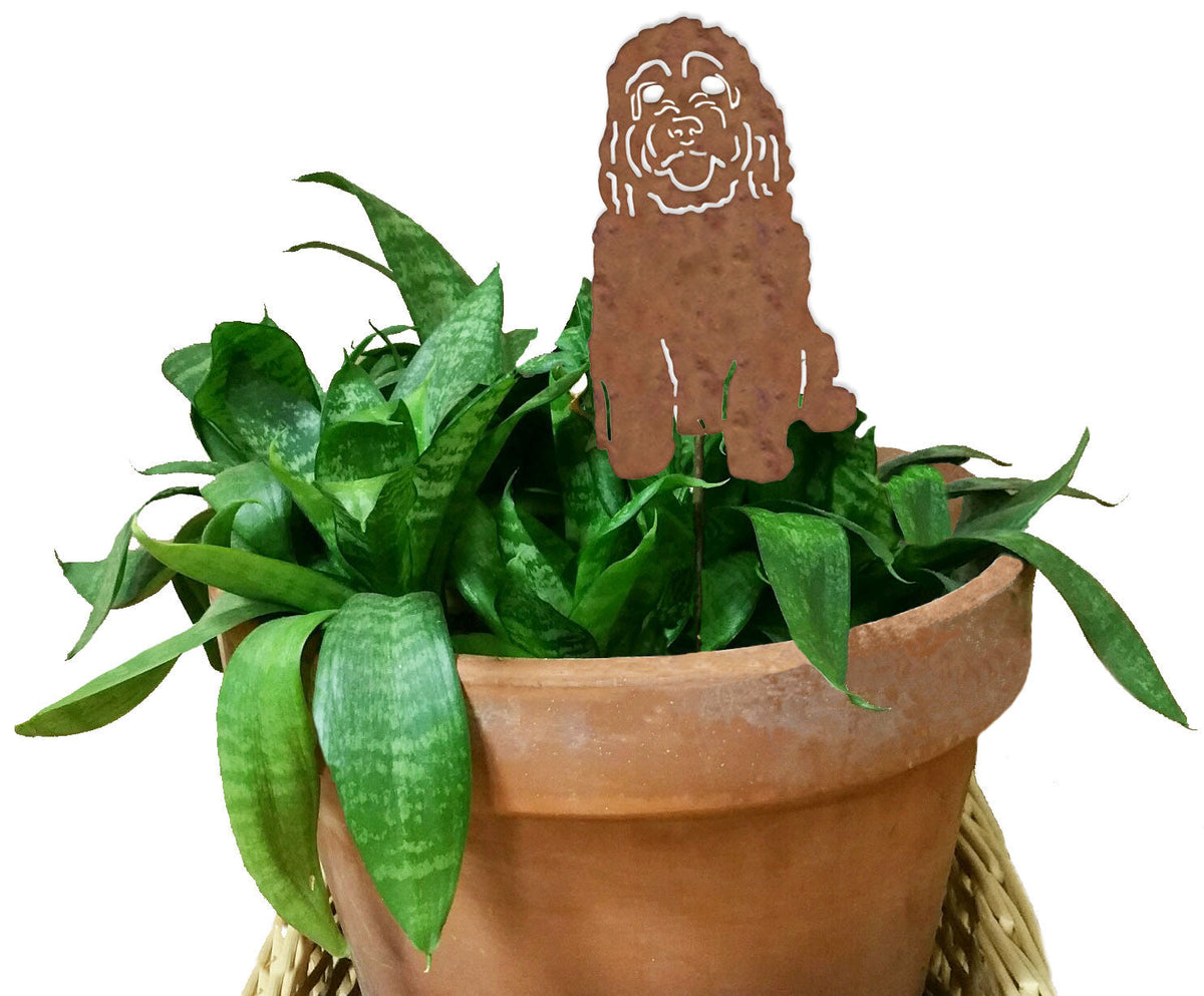 Cockapoo plant stake Rustica Ornamentals rust dog silhouette in pot on Tampa Home & Garden Store