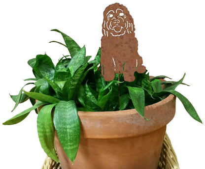 Cockapoo plant stake Rustica Ornamentals rust dog silhouette in pot on Tampa Home & Garden Store