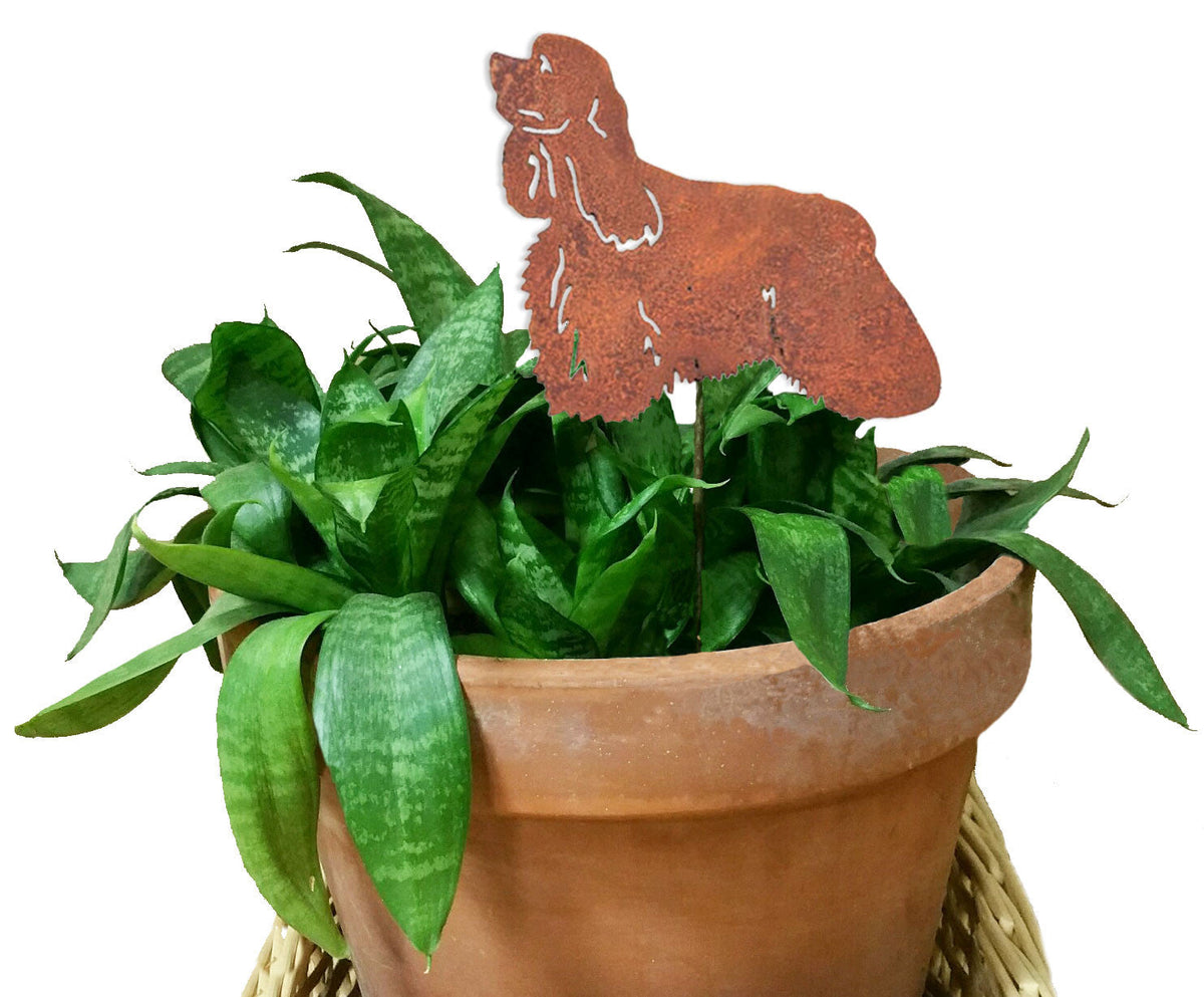 Cocker Spaniel plant stake rust colored metal silhouette in a terracotta pot by Rustica Ornamentals on Tampa Home & Garden Store