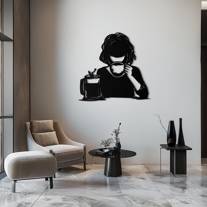 Coffee Girl Silhouette Metal Wall Art – Cozy Black Modern Home Decor for Coffee - KAF683 - Tampa Home & Garden Store