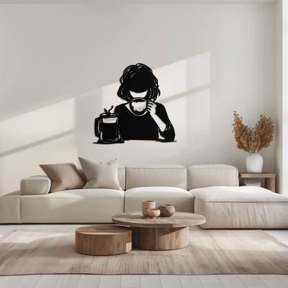 Coffee Girl Silhouette Metal Wall Art – Cozy Black Modern Home Decor for Coffee - KAF683 - Tampa Home & Garden Store
