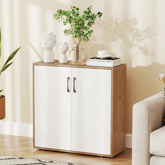 Coffee Bar Cabinet natural wood with white doors and 5-position adjustable shelf DirectDeals on Tampa Home & Garden Store
