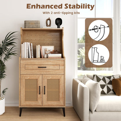 Coffee Bar Cabinet with Pegboard Storage Drawer and Adjustable Shelf-Oak