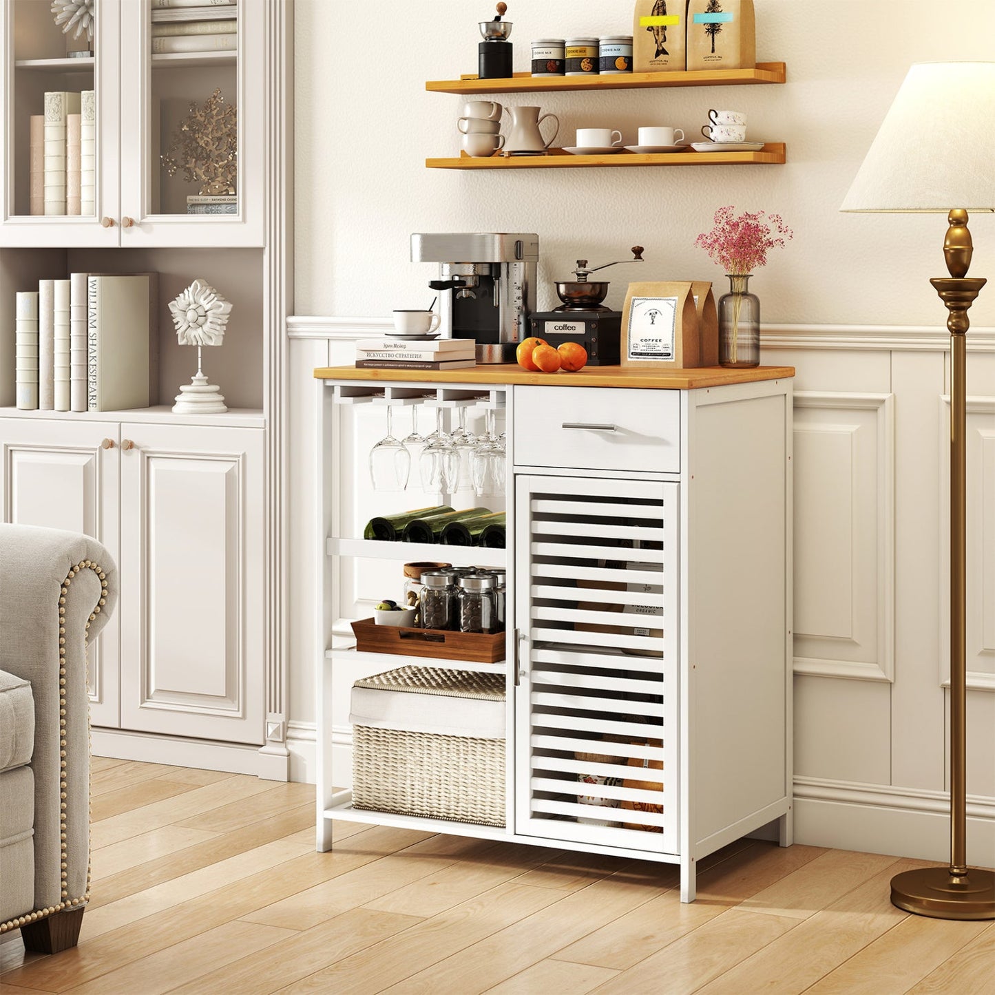 Coffee Bar Cabinet with Wine Rack Bamboo Top, white finish, glassware rack and drawers on Tampa Home & Garden Store