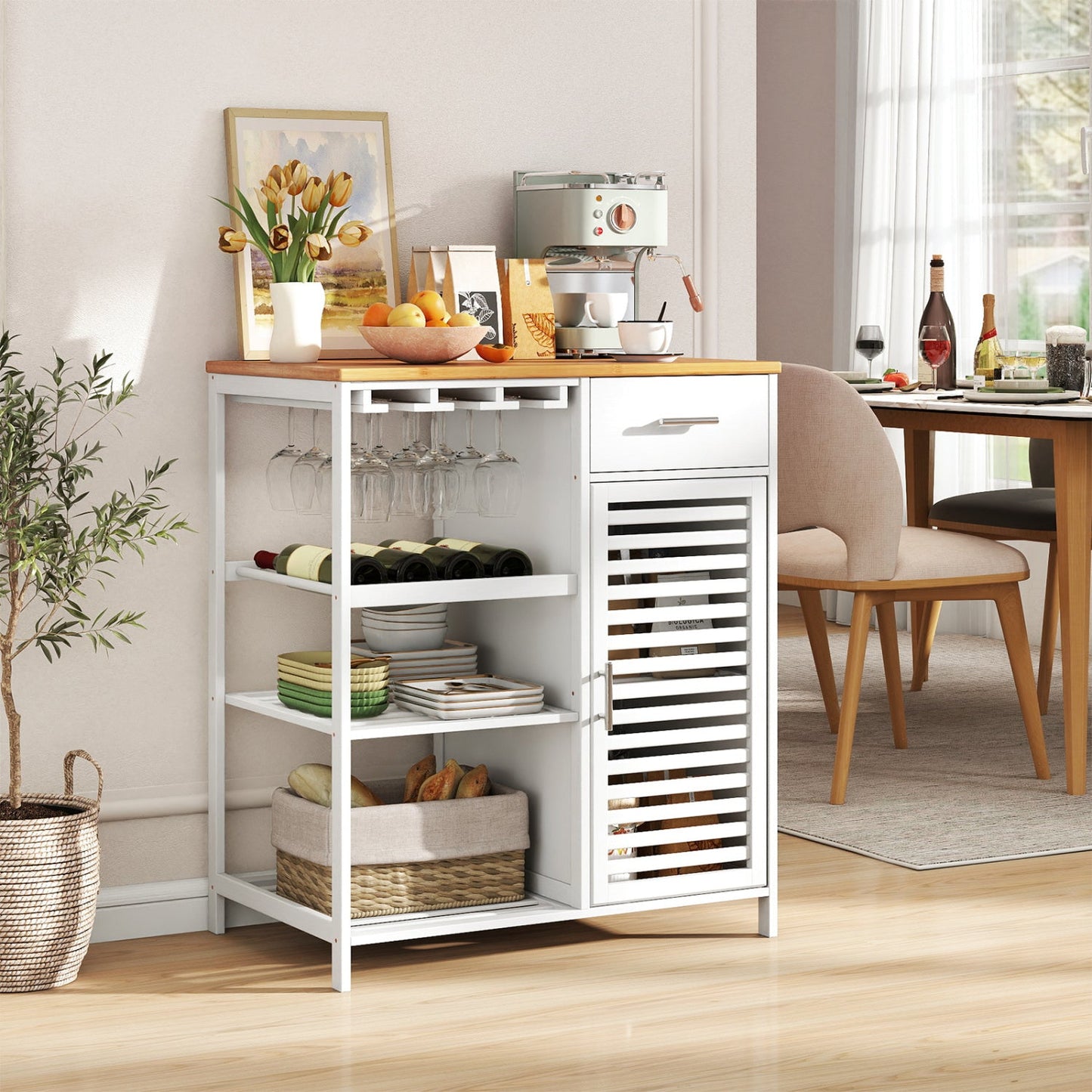 Coffee Bar Cabinet with Wine Rack and Bamboo Top white frame DirectDeals on Tampa Home & Garden Store