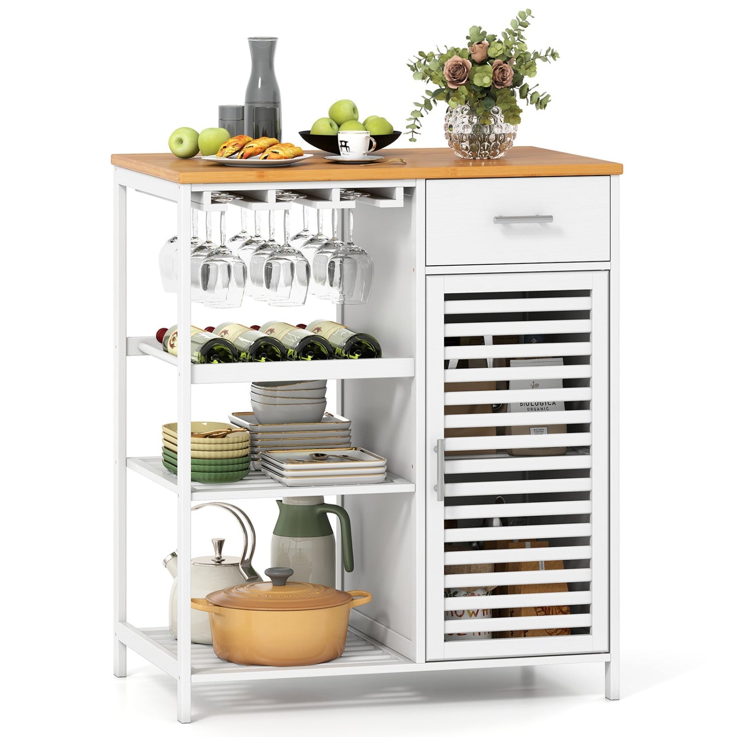 Coffee bar cabinet with wine rack and bamboo top, white frame on Tampa Home & Garden Store