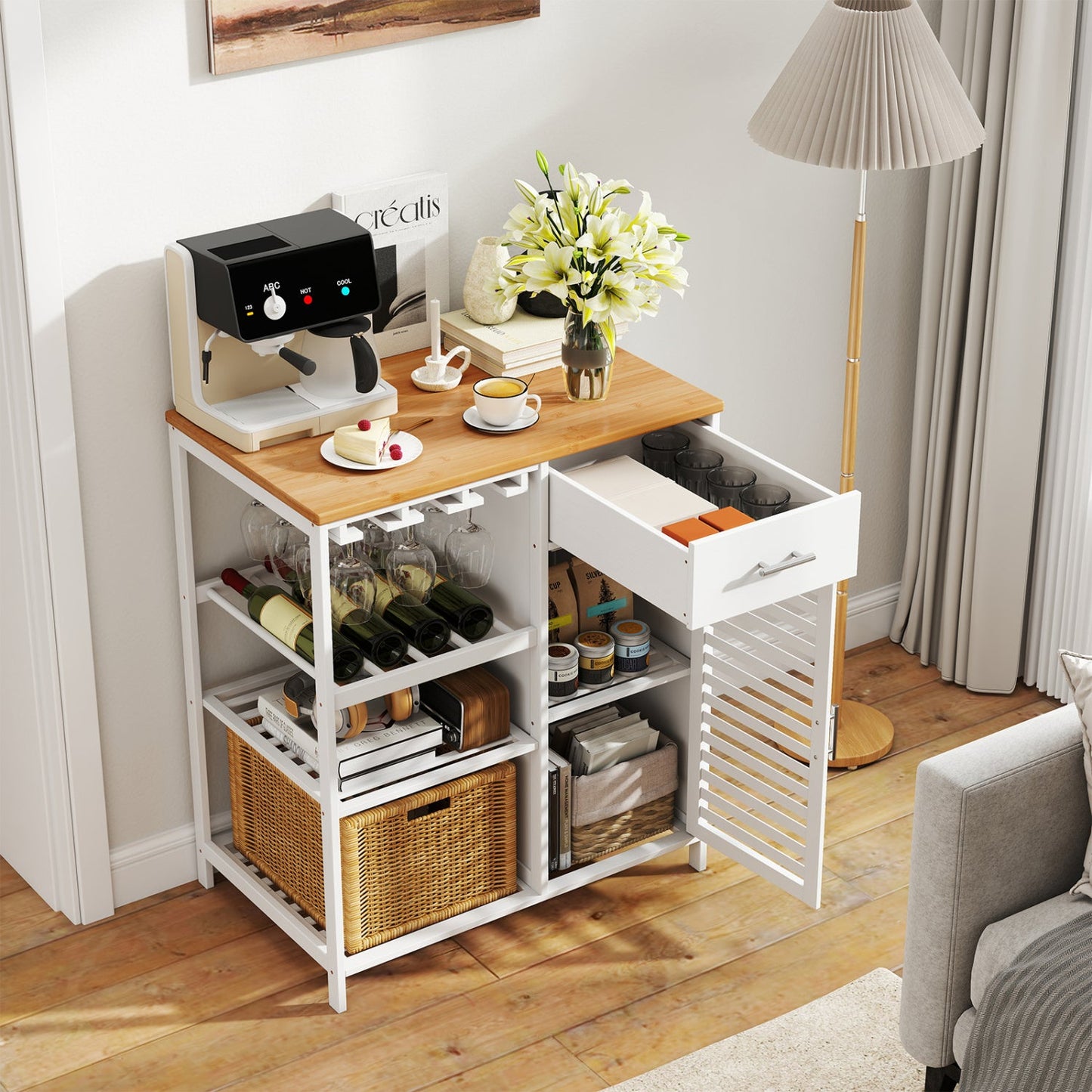 Coffee Bar Cabinet with Wine Rack and Bamboo Top, white frame for organized storage on Tampa Home & Garden Store