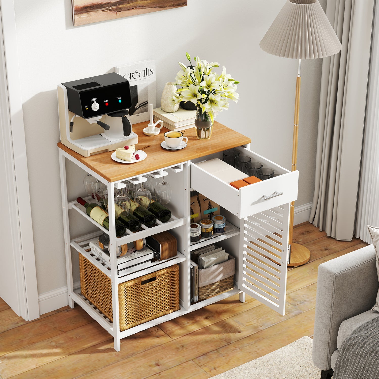 Coffee Bar Cabinet with Wine Rack and Bamboo Top, white frame for organized storage on Tampa Home & Garden Store