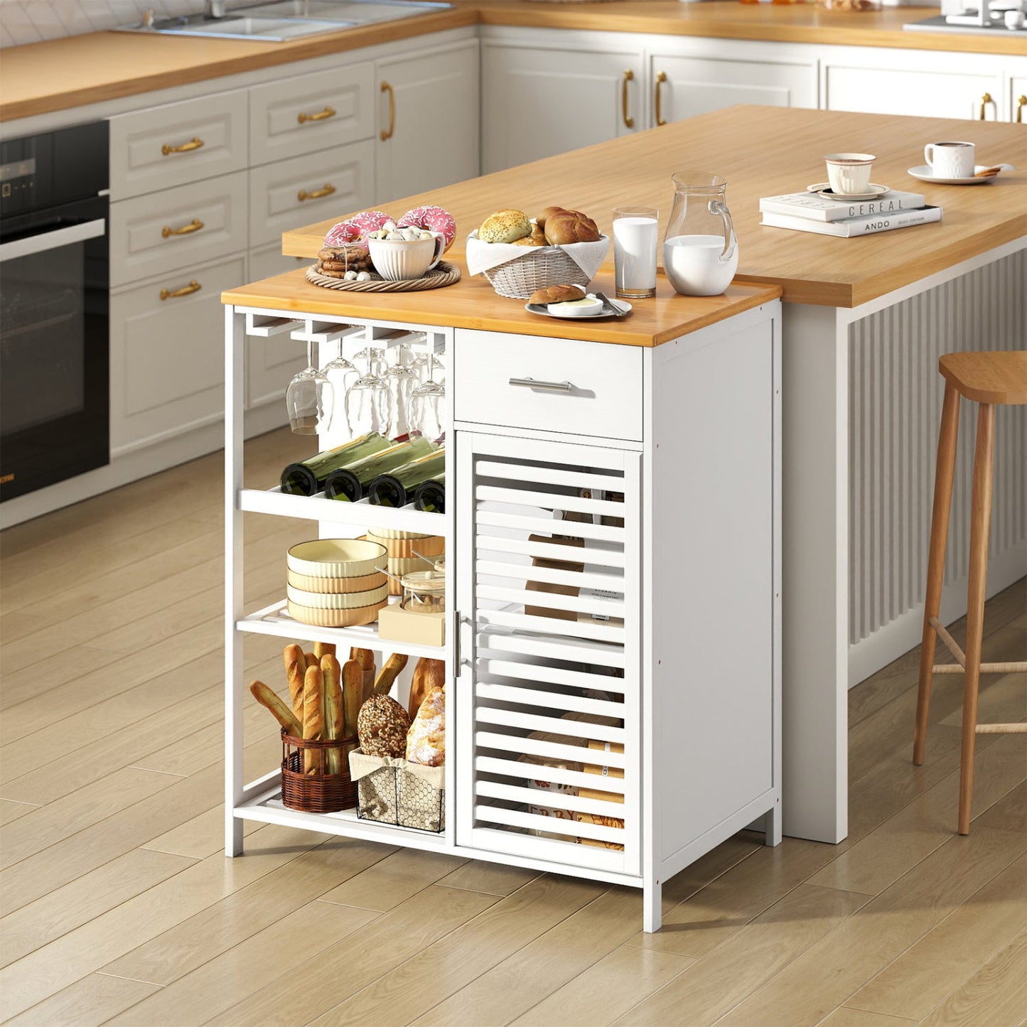 Coffee Bar Cabinet with Wine Rack Bamboo Top, White DirectDeals Buffet on Tampa Home & Garden Store