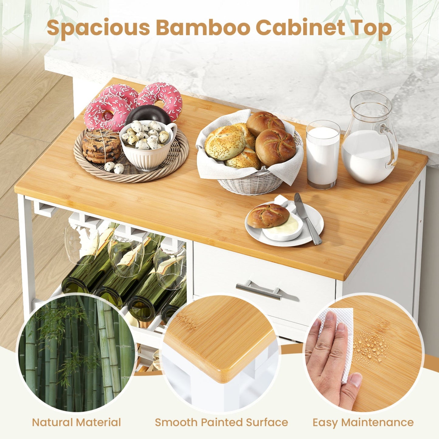 Coffee Bar Cabinet with Wine Rack and Bamboo Top on white buffet with pastries and drinks on Tampa Home & Garden Store