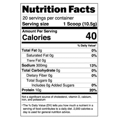 Coffee Boosters protein powder nutrition label shows 40 calories per scoop and 10 g protein on Tampa Home & Garden Store