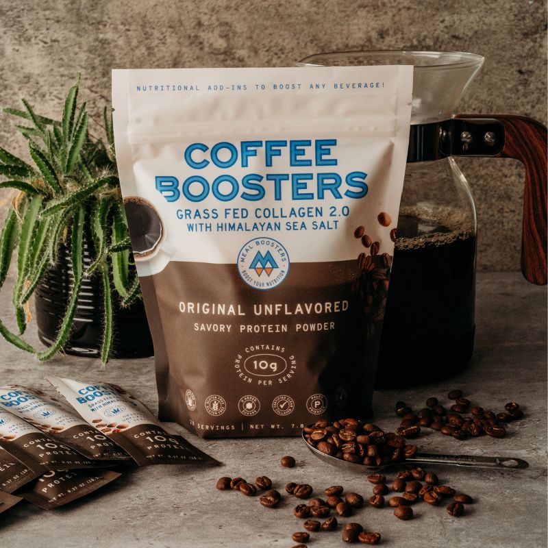 Coffee Boosters collagen protein powder with electrolytes by Meal Boosters white pouch on Tampa Home & Garden Store