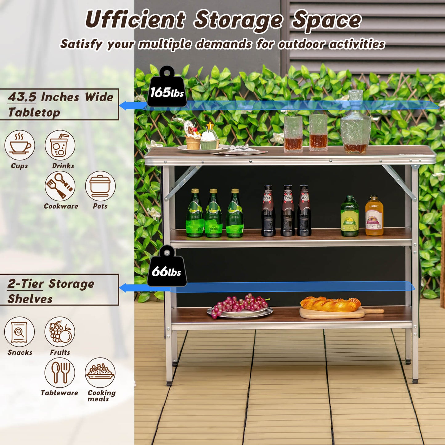 Mesa de camping plegable con estantes abiertos de 2 niveles para barbacoa al aire libre/café