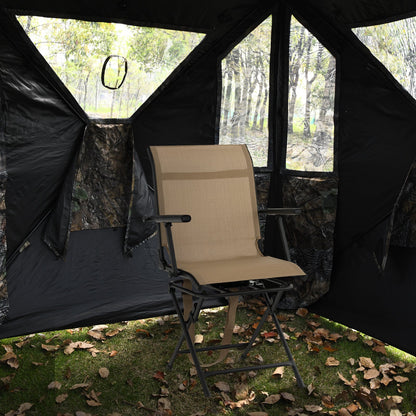 Foldable swivel patio chair with armrests and tan mesh back inside camo tent GemGear on Tampa Home & Garden Store