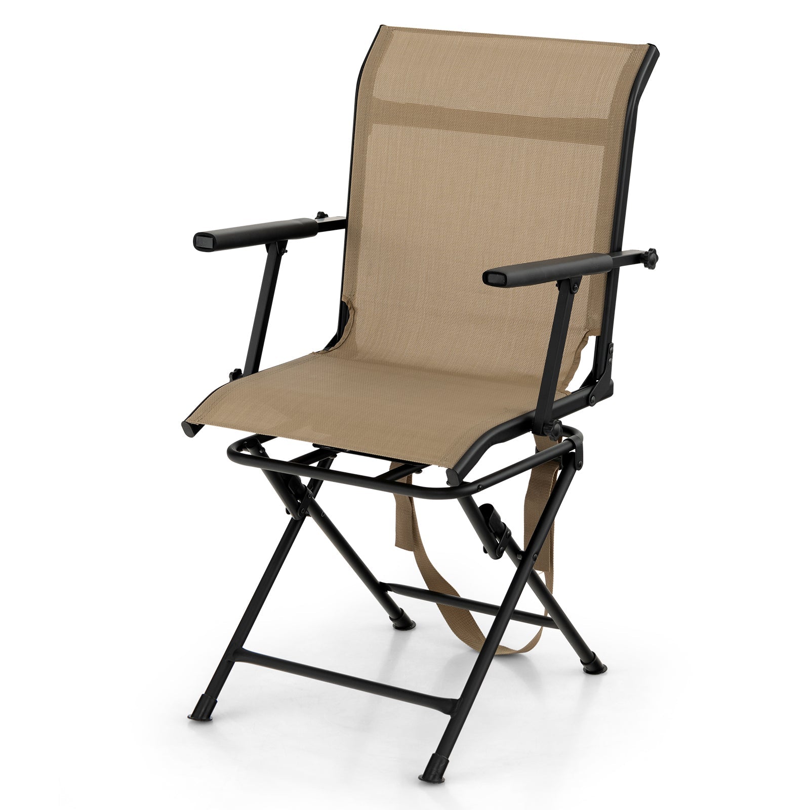 GemGear foldable swivel patio chair with tan mesh back and padded armrests on Tampa Home & Garden Store