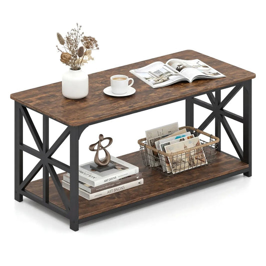Coffee Table 2-Tier Center Table with Storage Shelf, dark wood top and black frame on Tampa Home & Garden Store