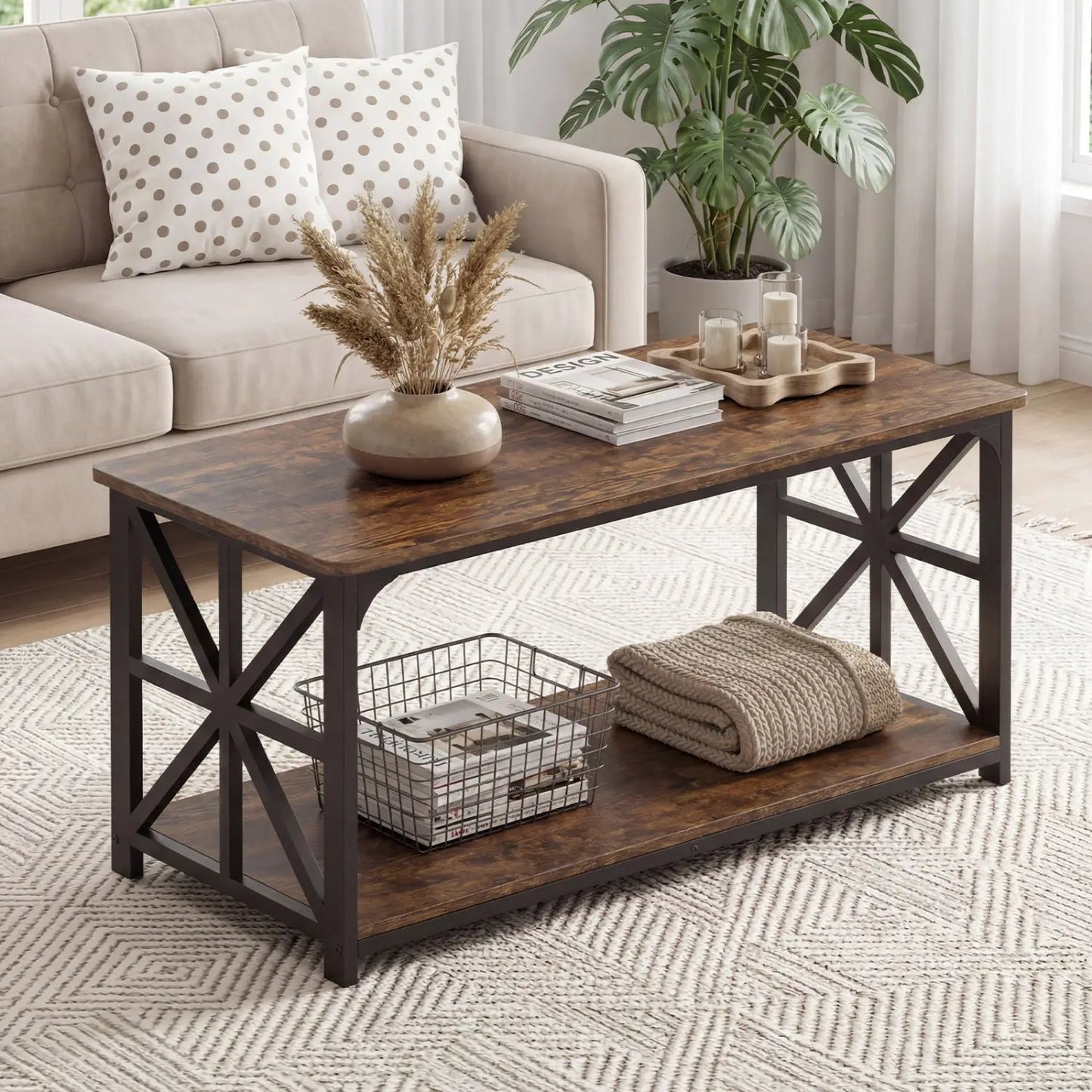 Coffee Table 2-Tier Center Table with Shelf